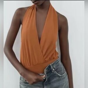 Zara Orange Tulle Foulard Halter Bodysuit